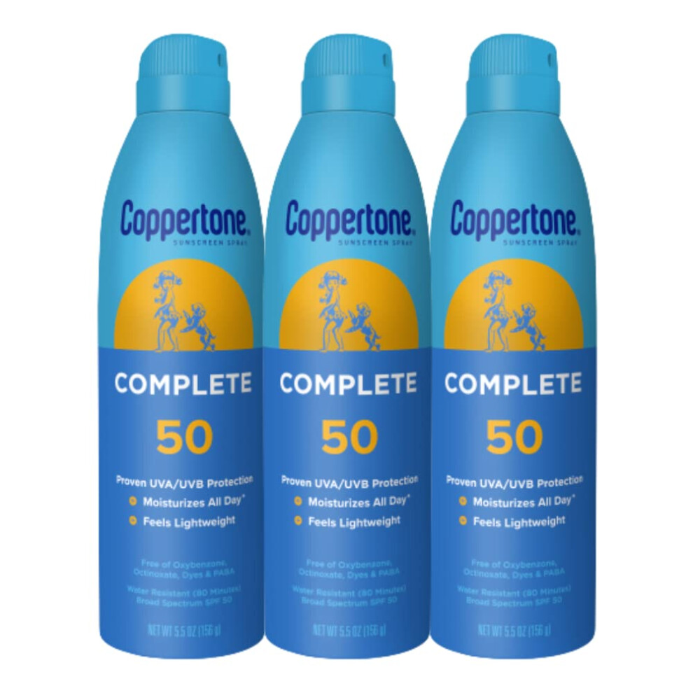 Coppertone Complete Sunscreen Spray SPF 50  Spray Sunscreen for Body  Lightweight  Water Resistant  5.5 Oz  Pack of 3