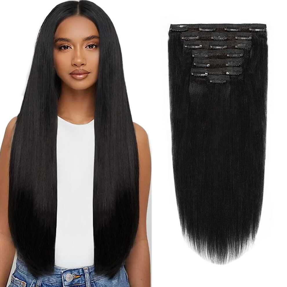 Loxxy Unisex Black Yaki Straight Clip In Human Hair Extensions Real Remy Hair Yaki Clip In Hair Extension Double Weft Natural Hair Clip Ins For Women Thick Yaki Ha
