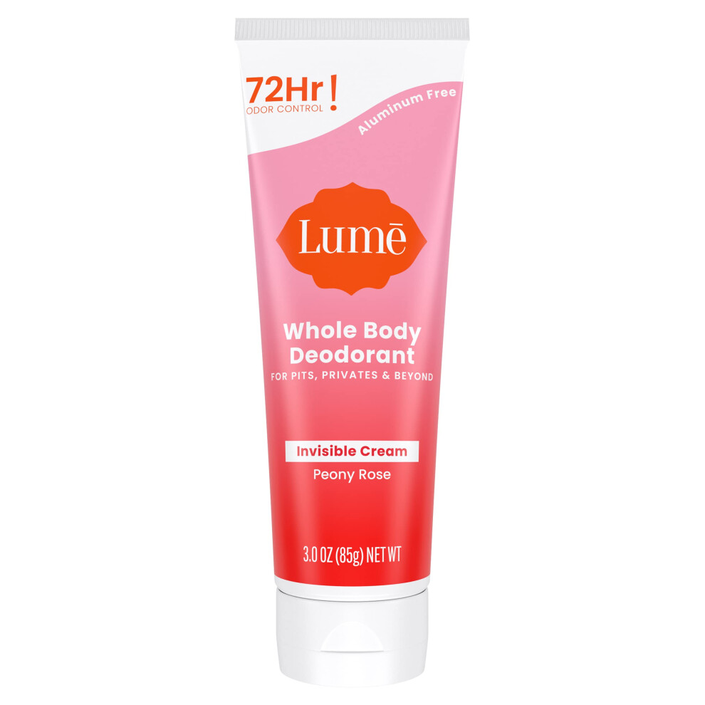 Lume Whole Body Deodorant - Invisible Cream Tube - 72 Hour Odor Control - Aluminum Free, Baking Soda Free, Skin Safe - 3.0 Ounce (Peony Rose)