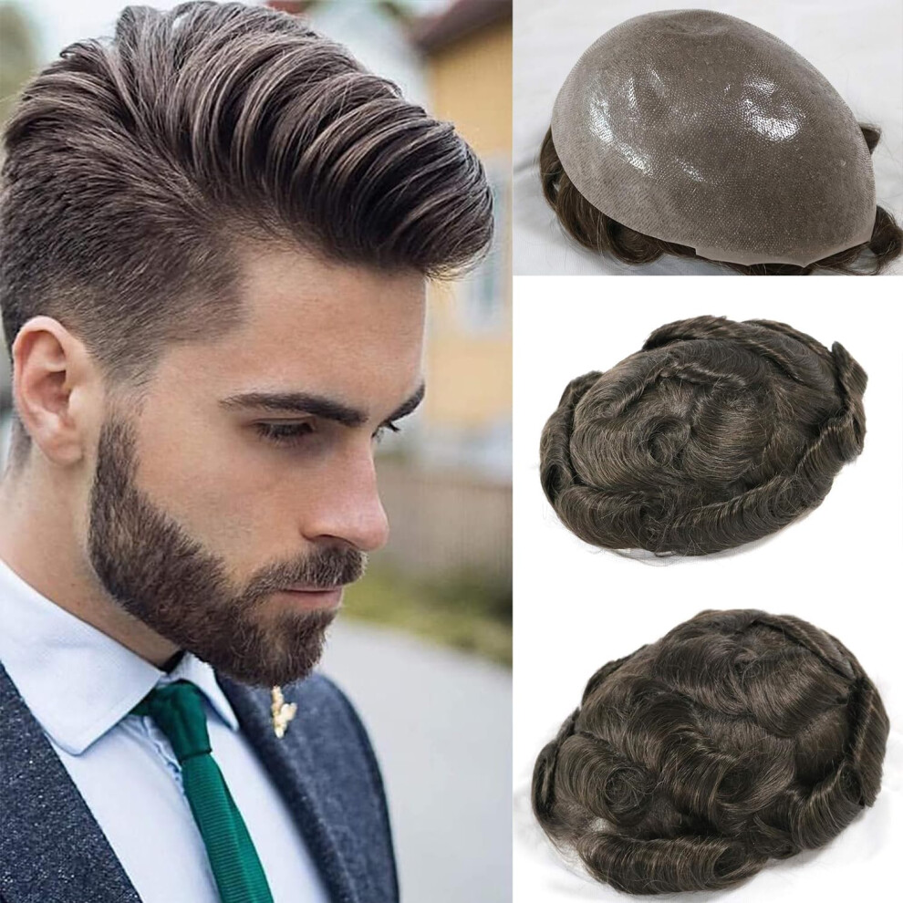 Simbeauty Super Natural Hairline Human Hair Mens Toupee Free Style 10X8 Inch Thin Skin Hairpieces Replacement Systems Men Hair (0.06Mm Skin 4 Medium