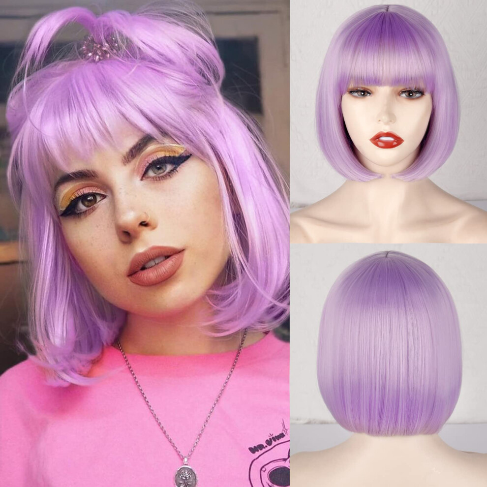 Werd Light Purple Bob Wig With Bangs Short Pastel Purple Wig For Women Light Purple Straight Wig Synthetic For Daily And Party