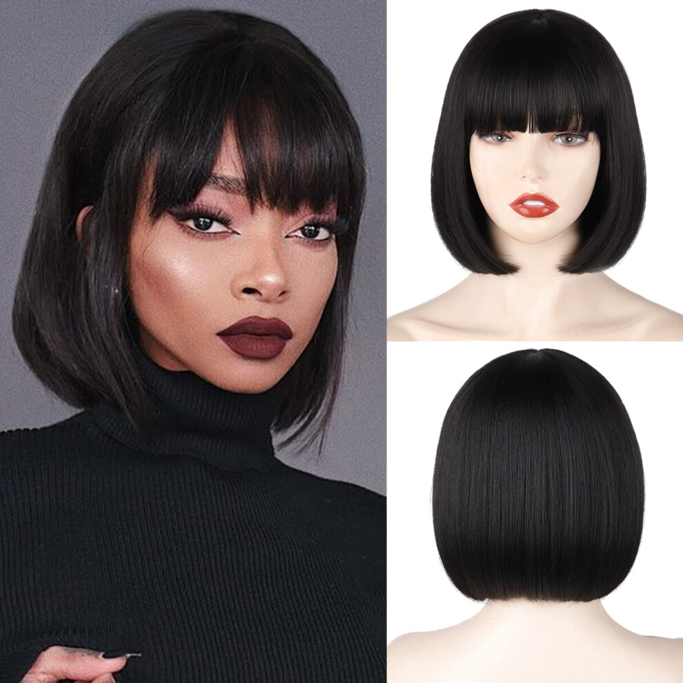 Werd Black Short Bob Wig Straight Black Bob Wig With Bangs 10 Inch Straight Bob Bangs Wig For Women Natural Looking For Daily Use