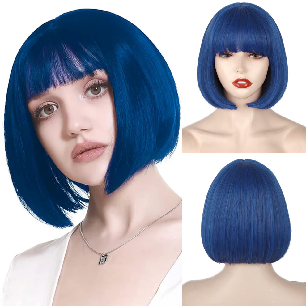 Werd Short Blue Bob Wig With Bangs Straight Bob Blue Coraline Wig For Women Dark Blue Short Bangs Wig Synthetic Natural Looking For Party