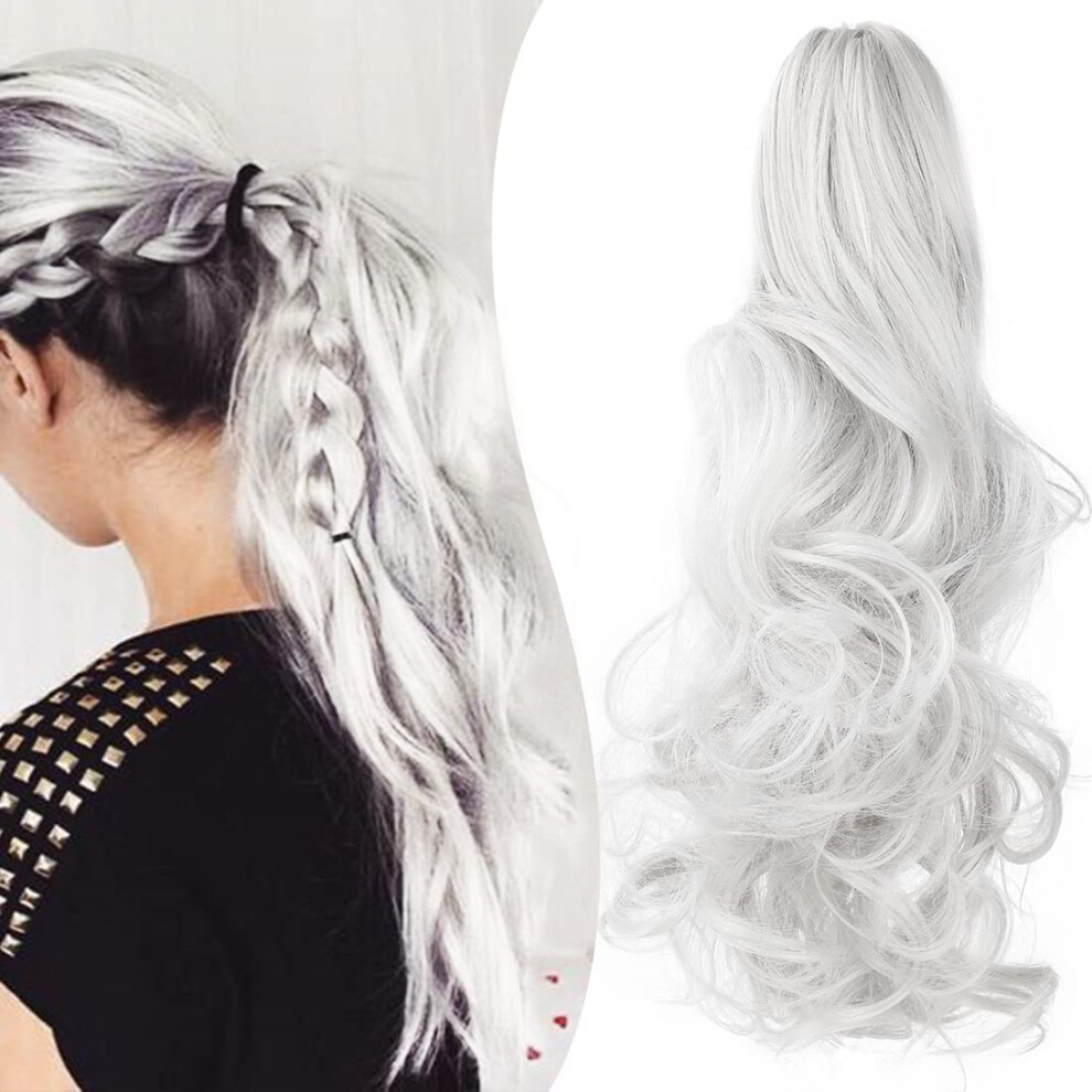 Mitrygreen Claw Clip Ponytail Extension 18"""" Clip In Wavy Ponytail Hair Extensions Long Pony Tails For Women Extensions Silver Grey Wave Hairpiece
