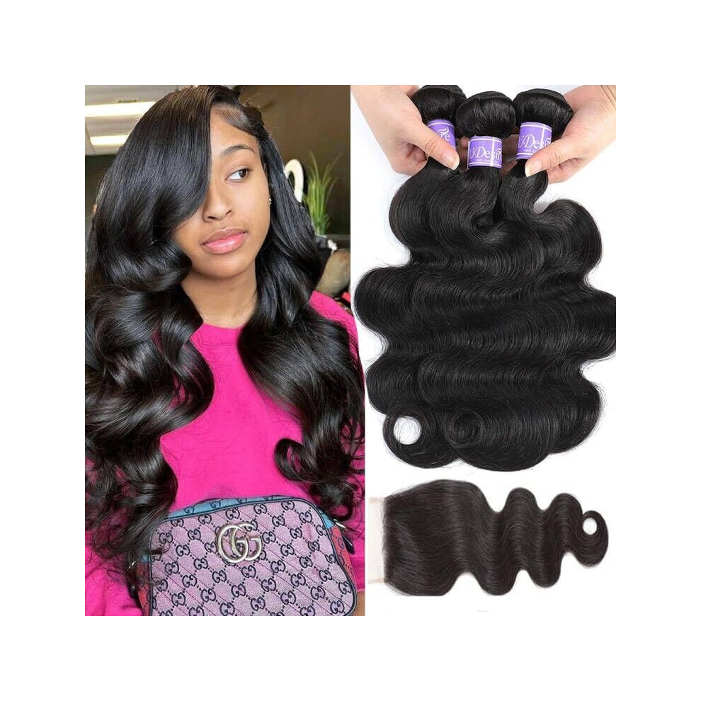 Udesire Hair 12A Brasilianisches Gewelltes Echthaar, 100 % Unverarbeitetes Echthaar, 3 B Ndel Mit Verschluss (18 20 22 + 18 Freier Teil, Nat Rlic-image