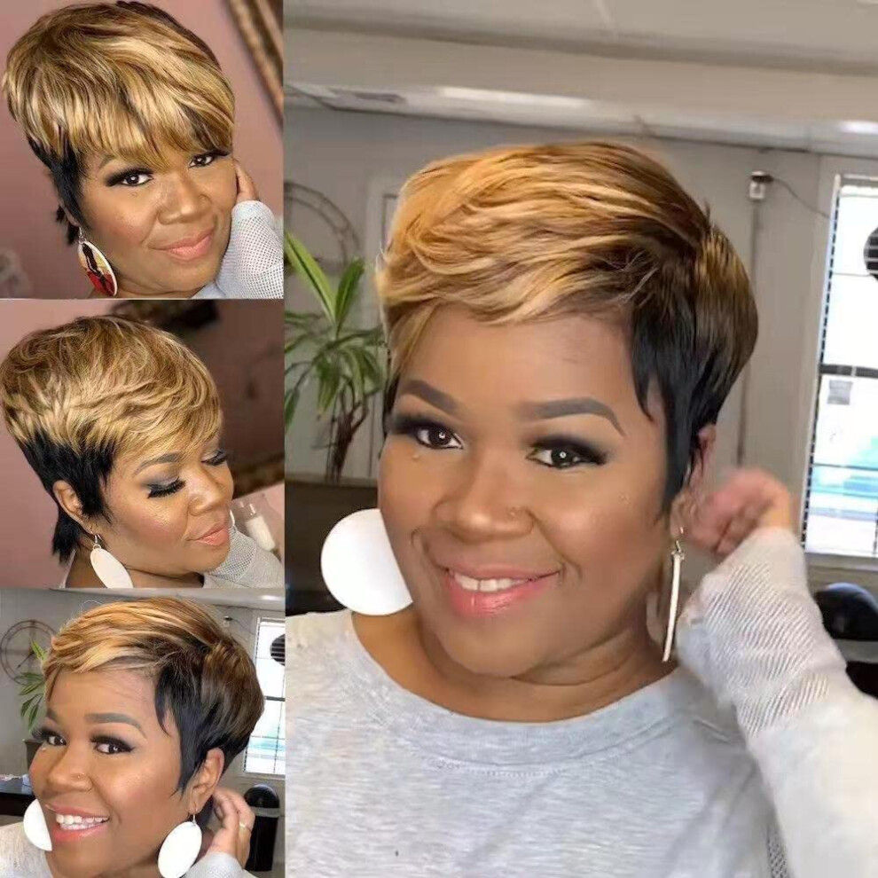 Leosa Unisex Black,Brown Ombre Short Bob Pixie Cut Wig With Bangs For Black Women Pixie Cut Side Part Wig Black Mixed Brown Highlight Color Wigs With Side Bangs Natural