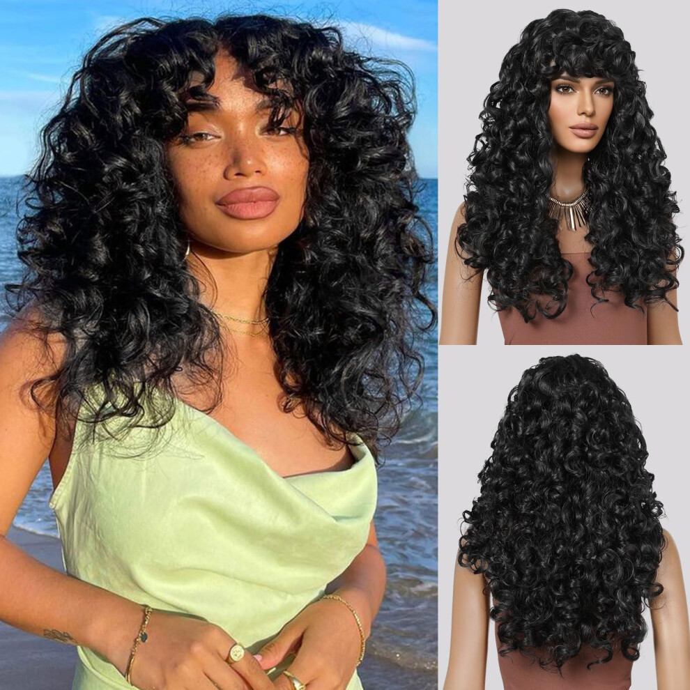 Lonai Unisex Black Curly Wig With Bangs For Women Long Kinky Wigs With Wispy Bangs Wig006 Curly Gorgeous Fringe Synthetic Wig For Daily Use Party Cospl