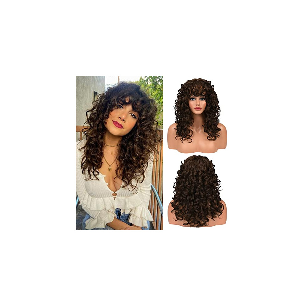 Lonai Unisex Brown Curly Wig With Bangs For Women Long 23Inch Chocolate Kinky Wigs With Wispy Bangs Wig001 Curly Gorgeous Shag Synthetic Wig For Daily Use Pa