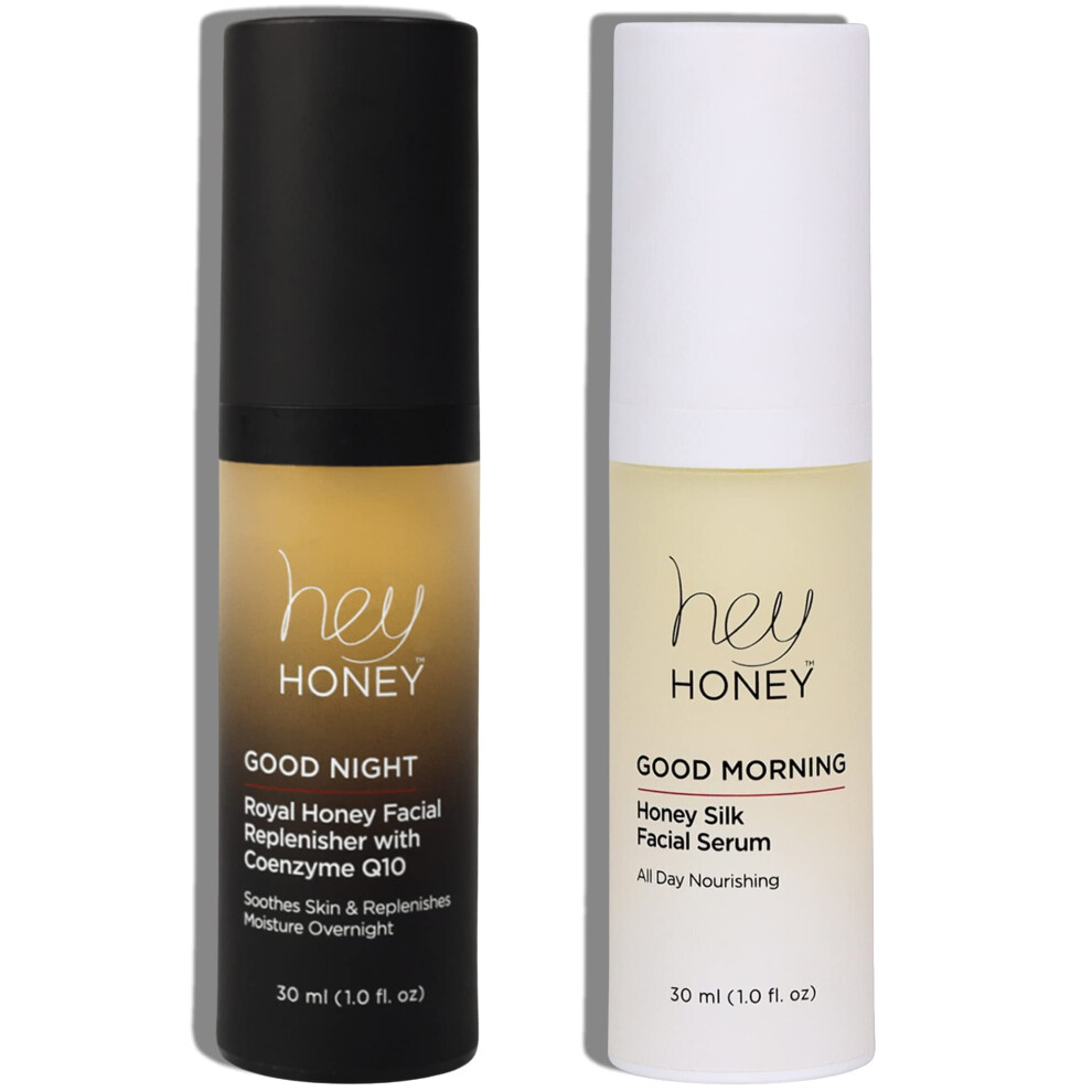 Hej Skat Hey Honey Good Morning & Good Night Duo | Honey Silk Facial Serum & Royal Honey Coenzyme Q10 | Best Day & Night Facial Support For Glowing Skin | 2 Oz