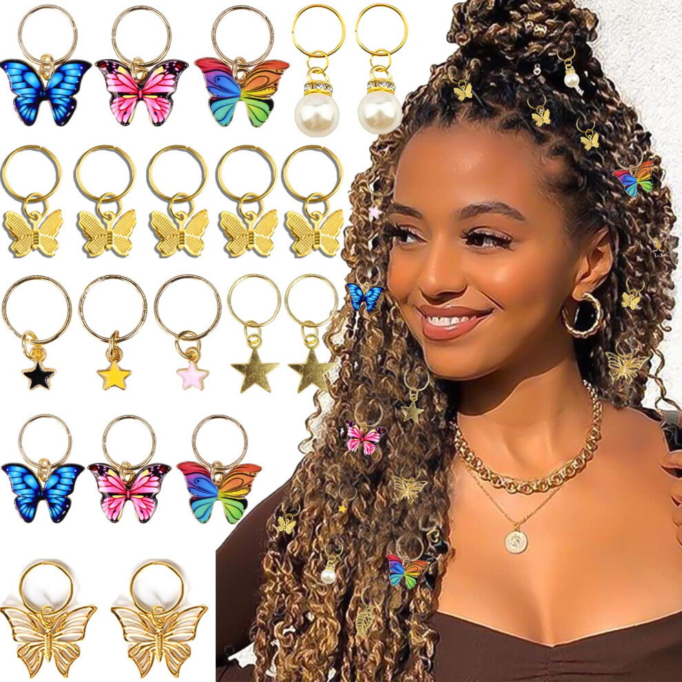 Naiska Lot De 20 Accessoires Pour Cheveux Dreadlocks En Cristal Doré Avec Pendentifs Papillon ColoréS, Perles Brillantes En Forme D'éToile, Manch-image