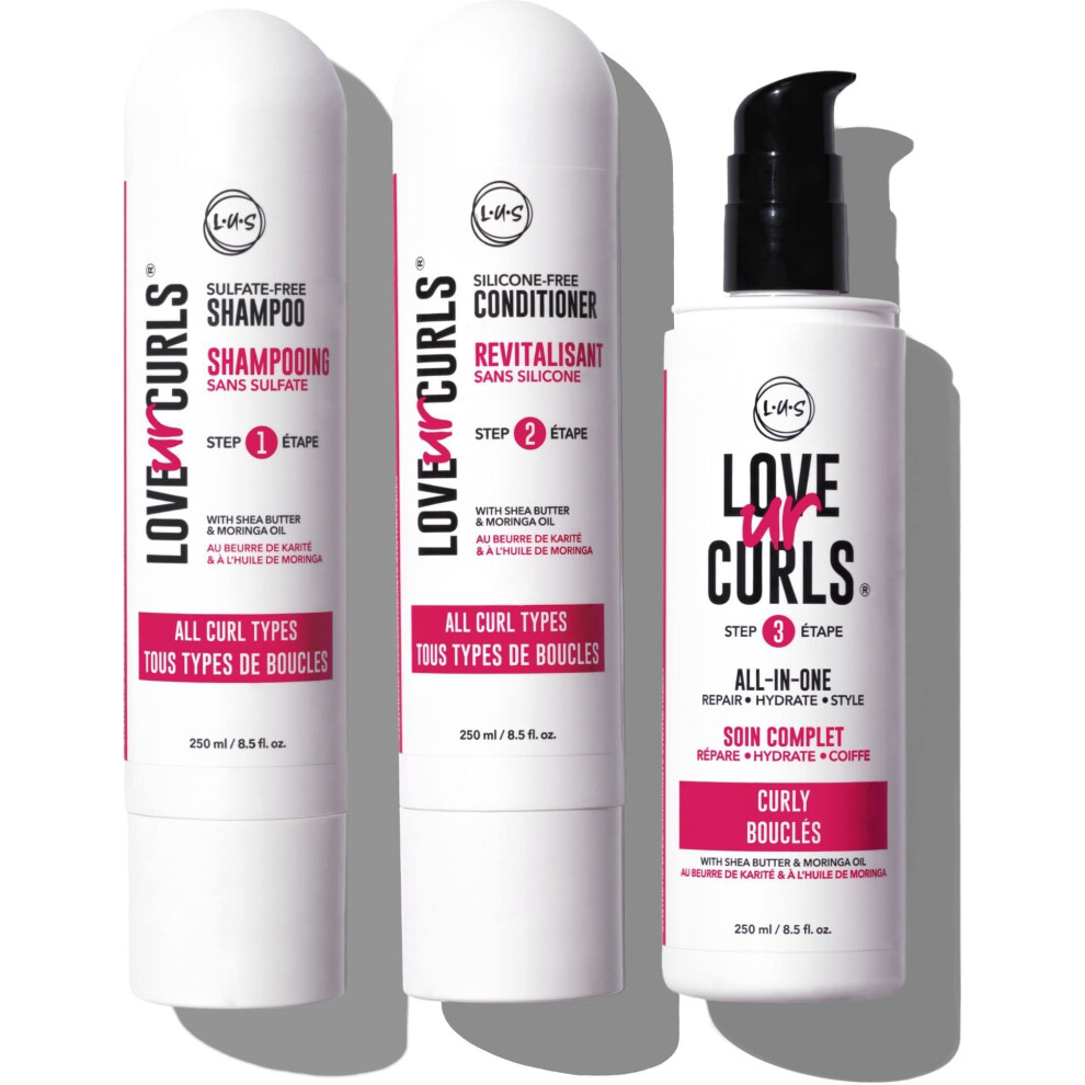 LUS (Love Ur Self) 3-Step System Shampoo and Conditioner Set with All-in-One Styler for Curly Hair Nongreasy & Moisturizing - 8.5oz each