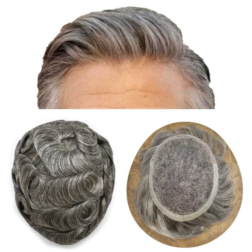 Unisex Brown Toupee For Men Hair Replacement Systems Swiss Lace Front Mens Toupee Bleached Knot Natural Human Hair Piece (260# Darkest With 60% Synthetic Gre