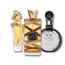 Lattafa fr unisex 3 delar Eau de Parfum presentset (Maahir + Fakhar fr mn + Oud Mood Elixir) 3,4 ounce/100 ml vardera