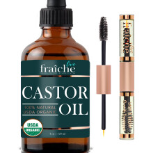 Live Fraiche Organic Castor Oil (4oz) + Filled Mascara Tube 100% USDA Pure Cold Pressed Hexane Free Lash Serum Hair Growth Oil for Eyelashes Eyeb