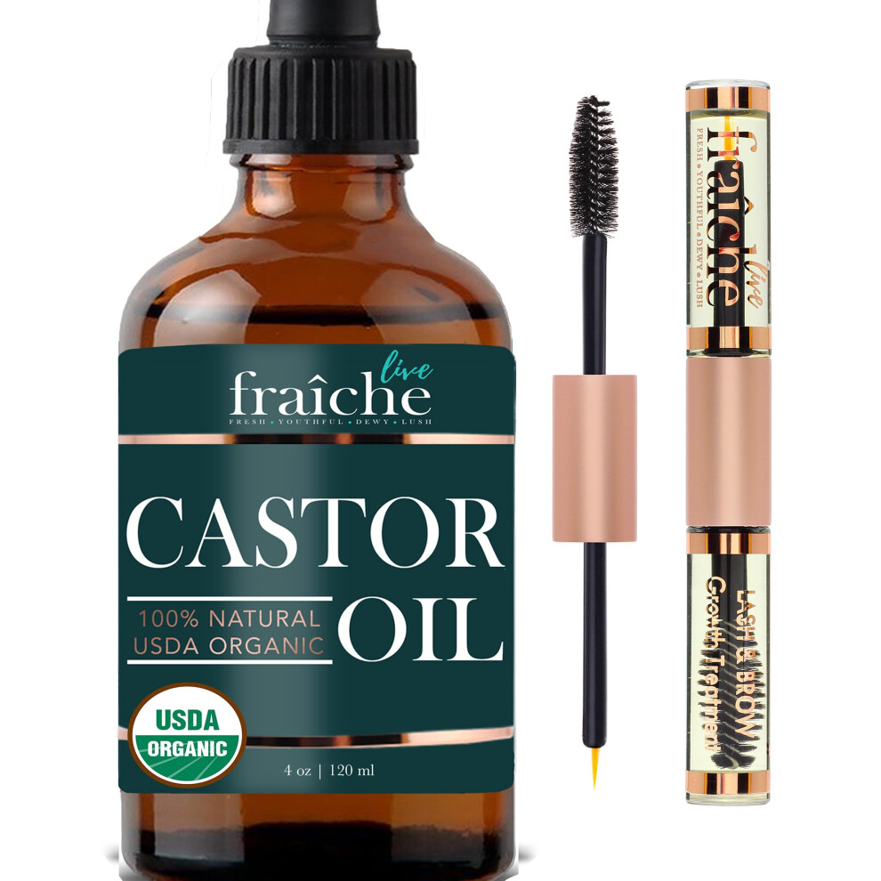 Live Fraiche Organic Castor Oil (4Oz) + Filled Mascara Tube 100% Usda Pure Cold Pressed Hexane Free Lash Serum Hair Growth Oil For Eyelashes Eyebr