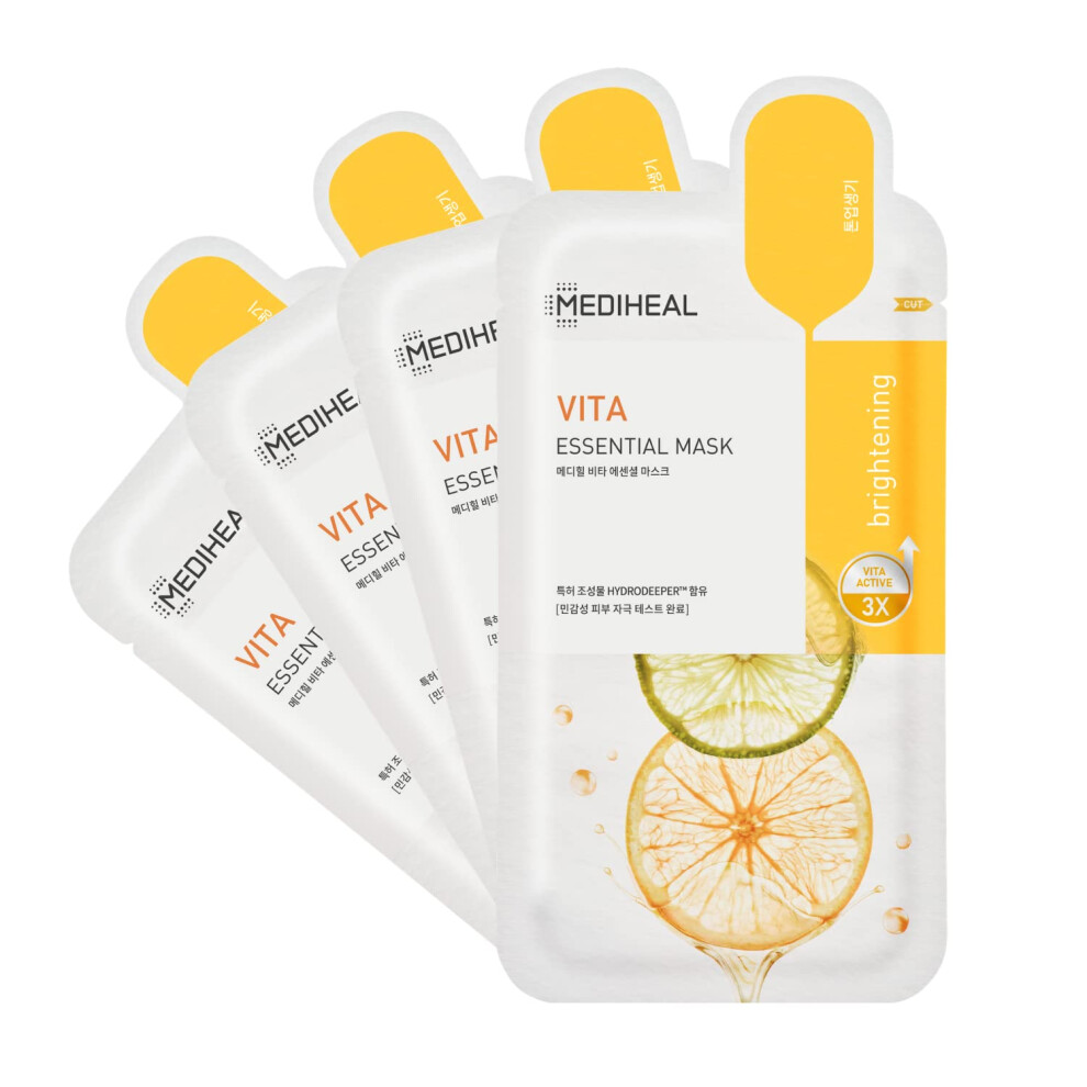 Mediheal Best Korean Sheet Mask - Vita Essential Face Mask 4 Sheets Vitamin Mask For All Skin Types Smoothing Tightening Toning Up Brightening