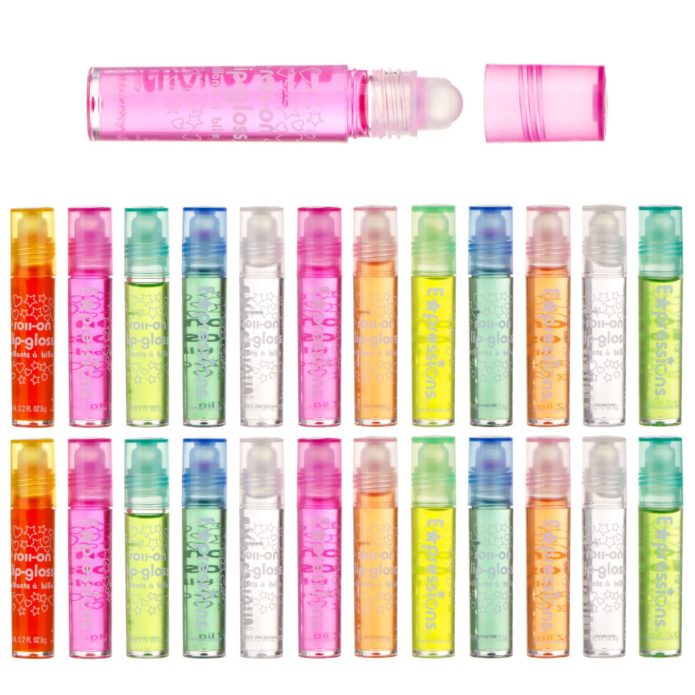 Expressions Girl Roll On 24 Lip Gloss Set With Carrying Case 24-Piece Glossy Lip Make-Up For Kids And Teens - Fruity Flavors Non Toxic Kid Friendly