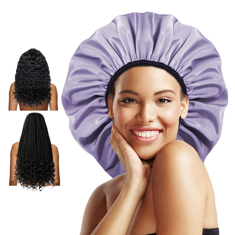 Auban Extra Large Shower Cap Double-Layer Waterproof Reusable Satin Lining Shower Bonnet For Women Long Hair Braids Locs Perms (Purple)