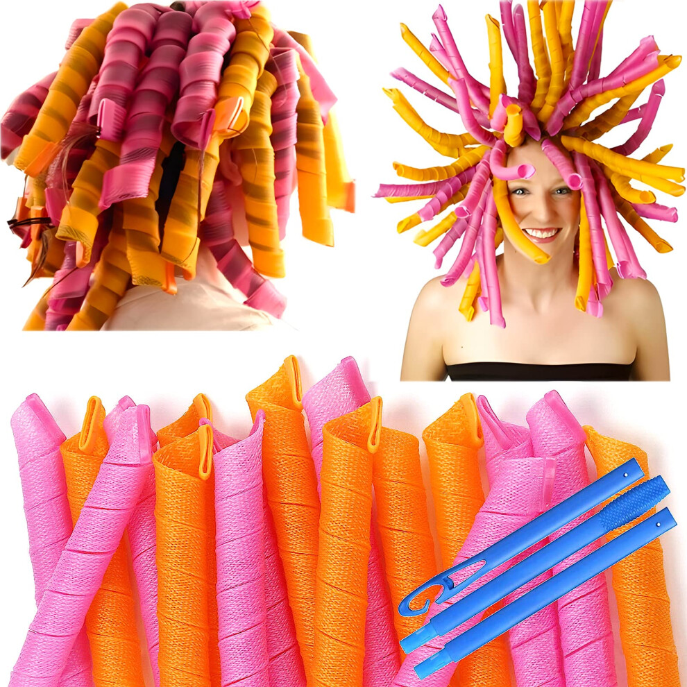 50 Pcs Heatless Spiral Hair Curlers 12inch Magic No Heat Hair Curls For Long Hair 4Pcs Styling Hooks DIY Hair Rollers Set(pink-orange)