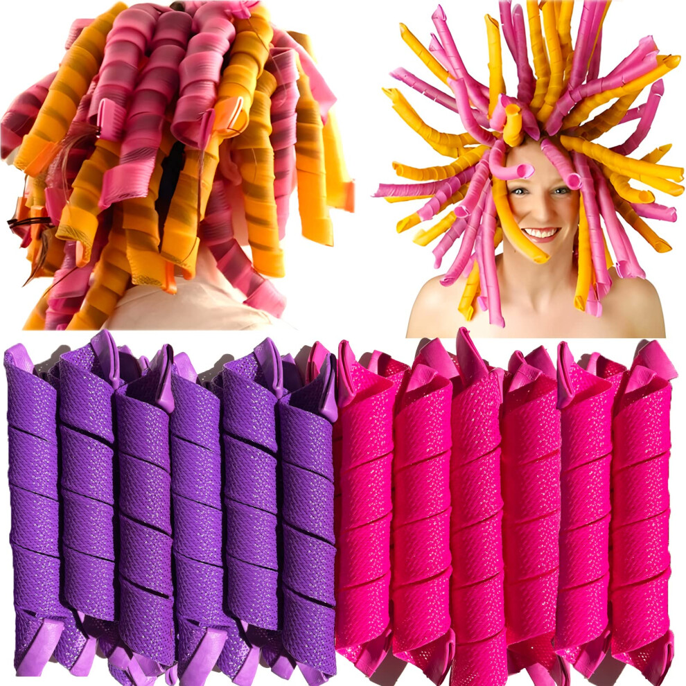 50 Pcs Heatless Spiral Hair Curlers 12inch Magic No Heat Hair Curls For Long Hair 4Pcs Styling Hooks DIY Hair Rollers Set(purple-rosered)