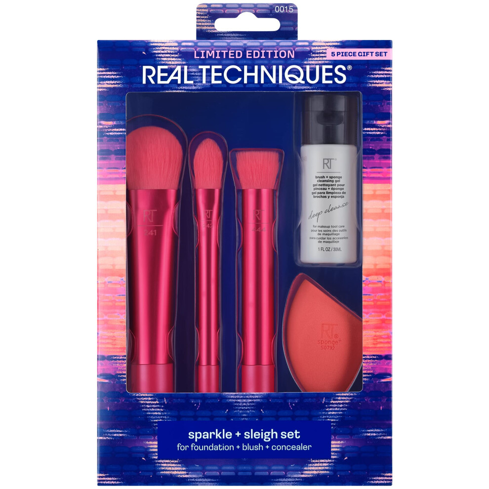 Real Techniques Limited Edition Sparkle + Sleigh Makeup Brush & Sponge Kit  Makeup Spone Blender & Face Brushes For Flawless Finish  5 Piece Holiday G