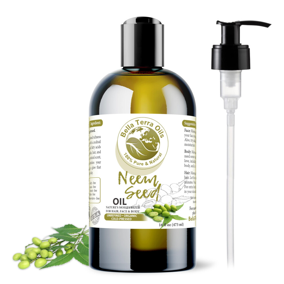 Bella Terra Oils - Organic Neem Seed Oil 16Oz - Harness Organic Neem's Timeless Beauty Secrets Infused With Vitamin A & Omega Fatty Acids Best For L