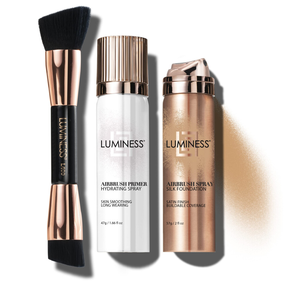 Luslighet Luminess Silk Airbrush Spray Foundation Makeup Starter Kit - Full Coverage Foundation Primer Dual-Sided Buffing Brush - Buildable Coverage Anti-Agi