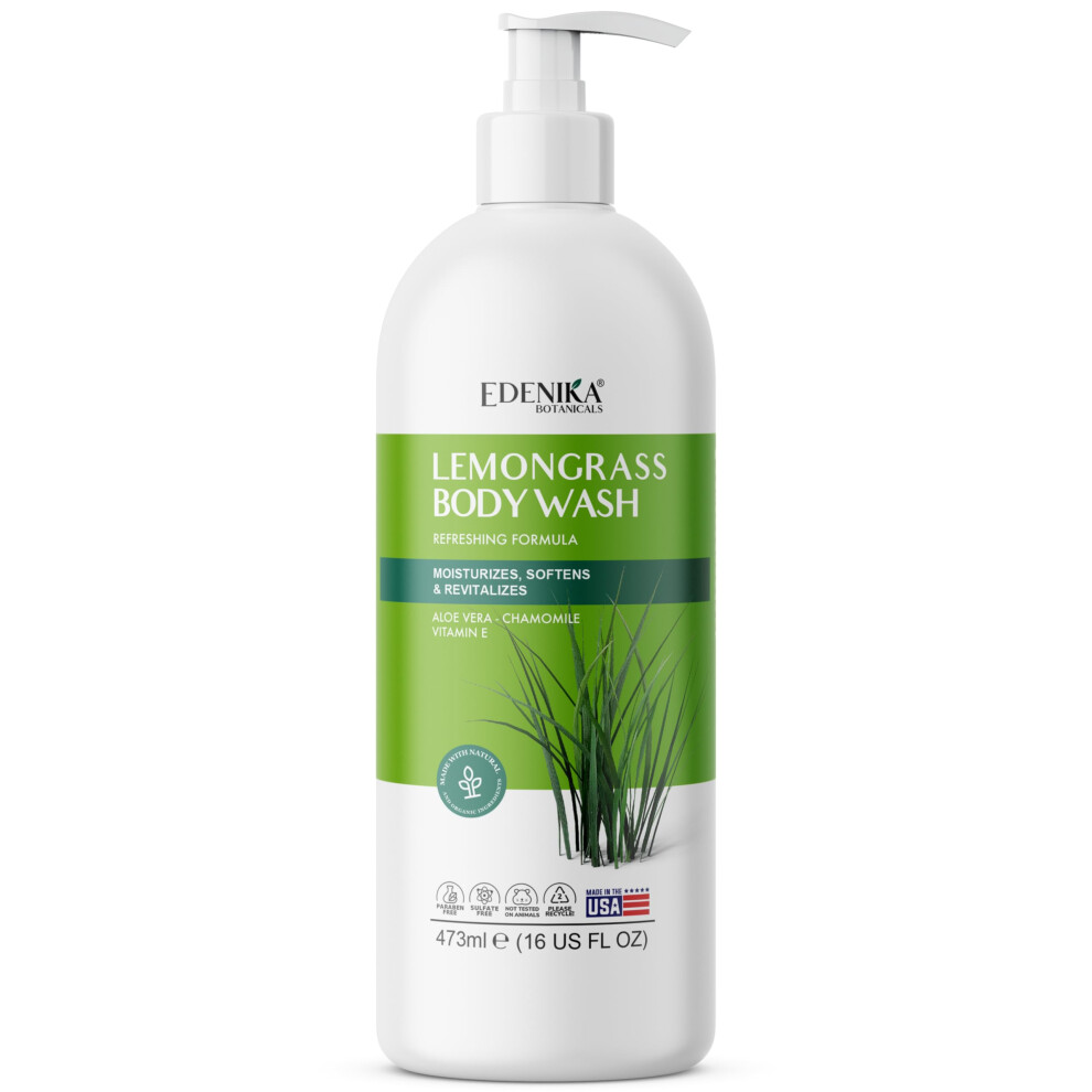 Edenika Botanicals Lemongrass Body Wash With Aloe Vera Chamomile & Vitamin E 16 Fl Oz Refreshing & Moisturizing Formula Vegan Sulfate-Free Parab