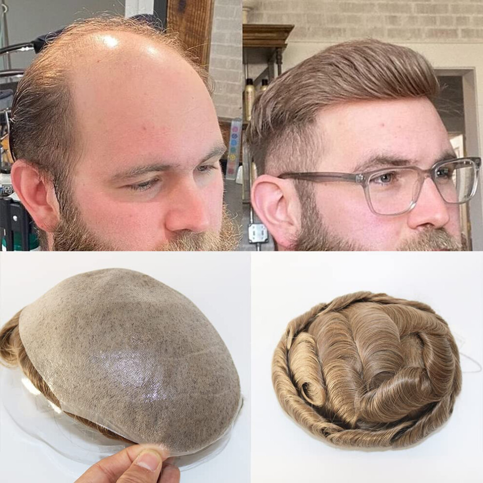 Simbeauty Super Natural Hairline Human Hair Mens Toupee Free Style 10X8 Inch Thin Skin Hairpieces Replacement Systems Men Hair (0.06Mm Skin 20 Mediu