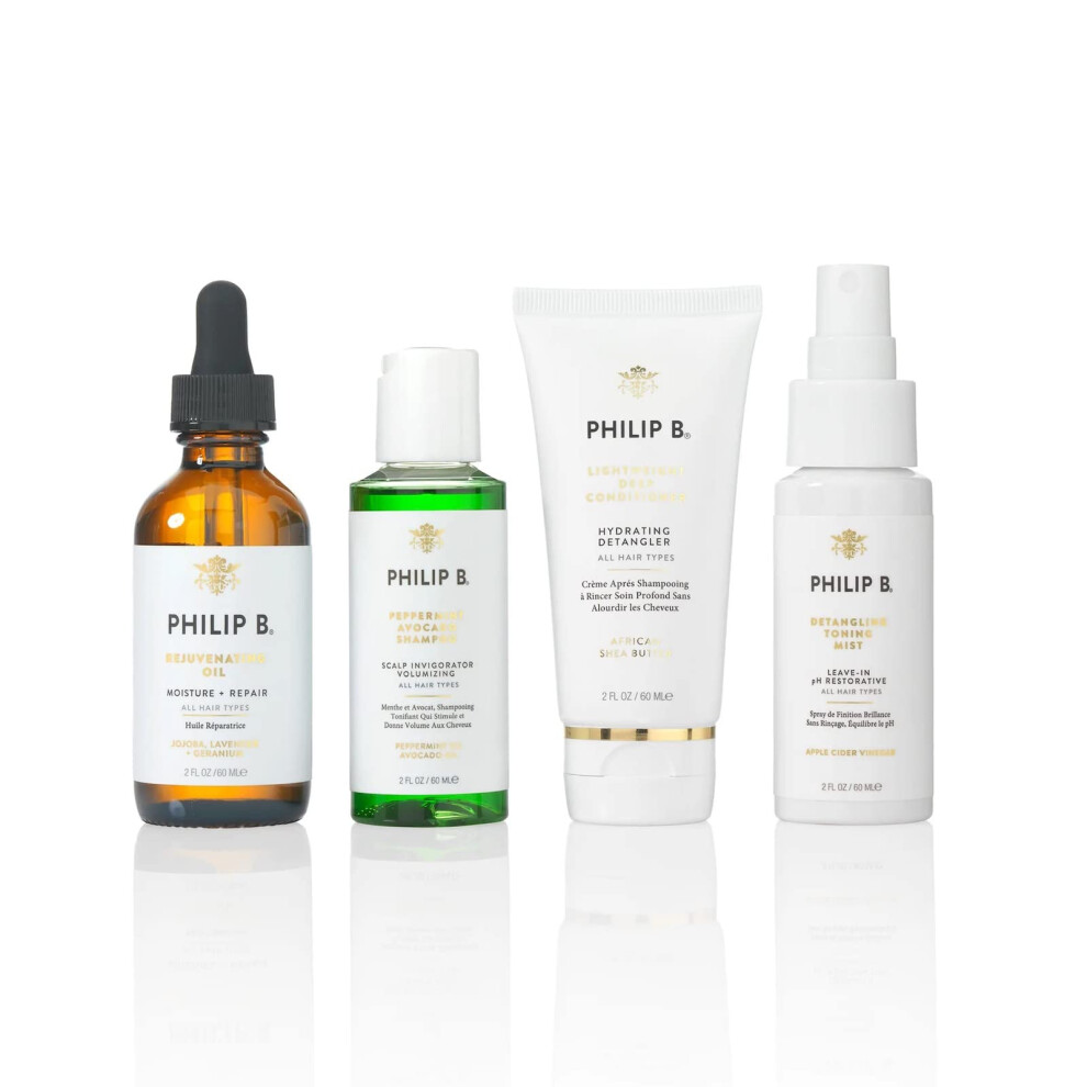 Philip B. 4 Step Discovery Kit - Includes Peppermint Avocado Shampoo  Rejuvenating Oil  Detangling Toning Mist & Lightweight Deep Conditioner  2 fl oz