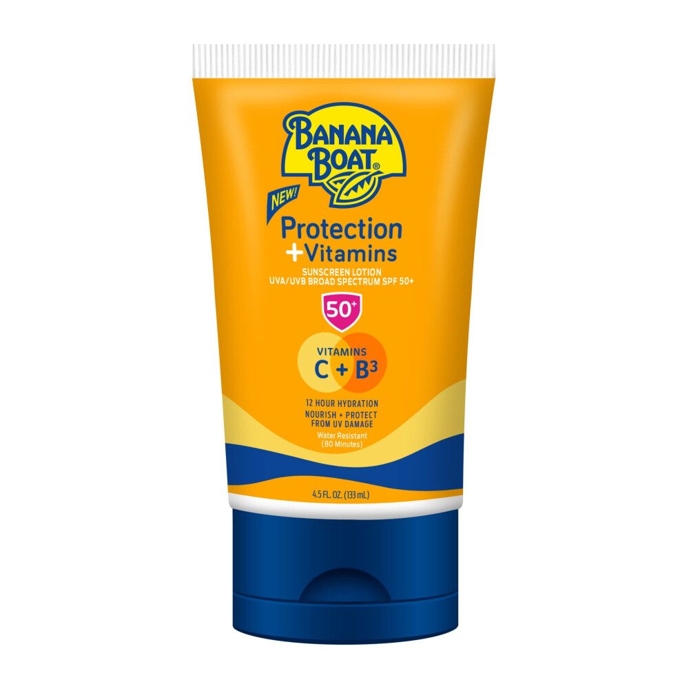 Banana Boat Protection + Vitamins Sunscreen Lotion SPF 50  4.5 oz - Nourishing  Moisturizing  Vitamin C  Niacinamide  Water Resistant  Dermatologist T