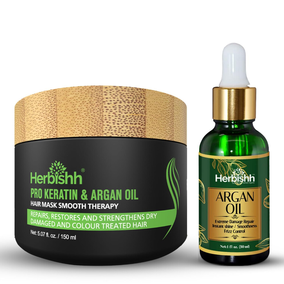 Herbishh Argan Oil & Hair Mask Combo For Deep Conditioning Treatment - Argan Oil For Hair Repair & Frizz Control (30Ml) & Argan Hair Mask For Hydratio