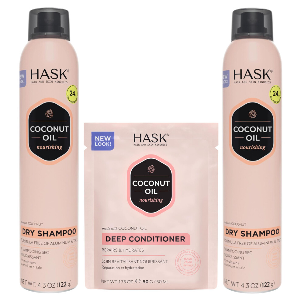 Hask Coconut Nourishing Dry Shampoo Duo (4.3Oz-Qty 2) & Coconut Nourishing Deep Conditioner Packette Aluminum-Free Sulfate-Free Paraben-Free Color