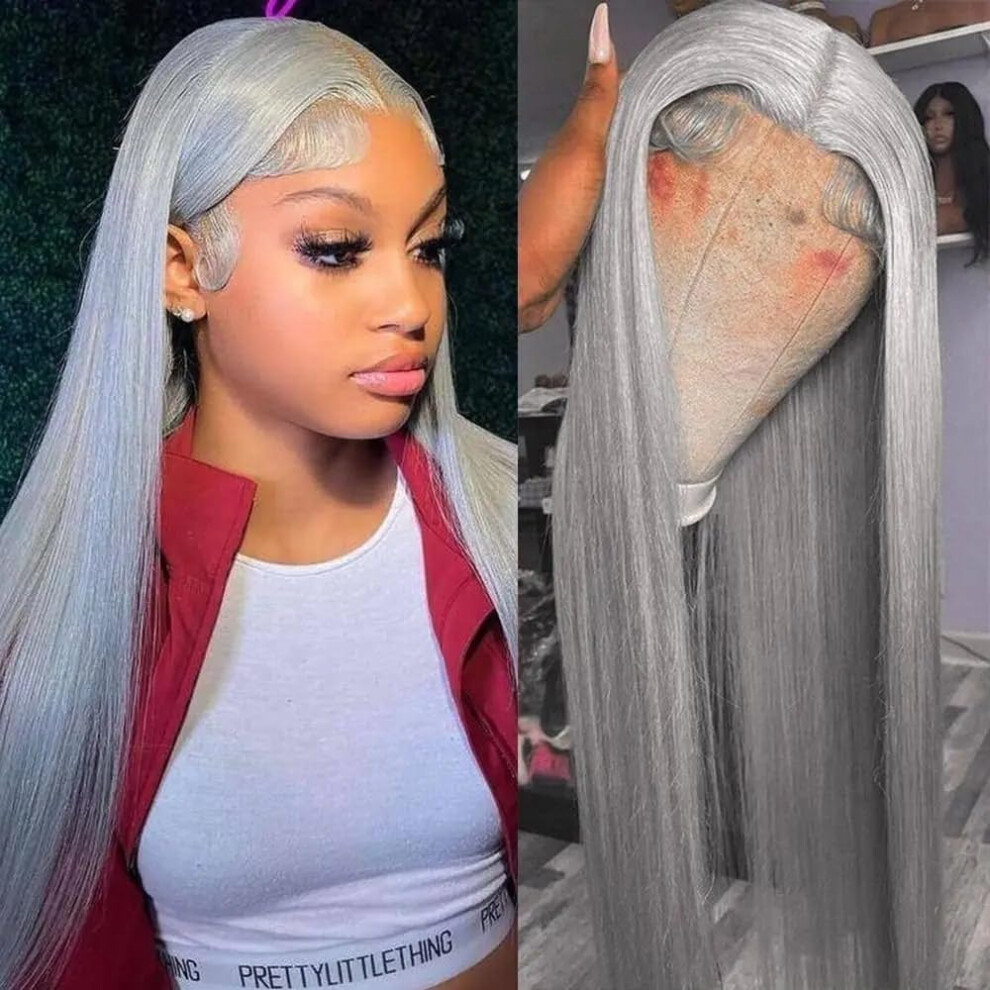 Origen Grey Lace Front Wigs With Baby Hair For Black Women Human Hair Pre Plucked Straight Colored 13X4 Lace Frontal Glueless Wig 38 Inch 180% Density