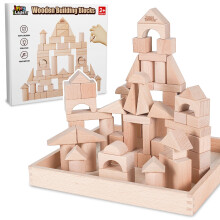 iPlay iLearn Kid Wooden Building Block Set Toddler Natural Wood Block Montessori Learning Toy Large Hardwood Stacking Brick Castle Unit Preschool