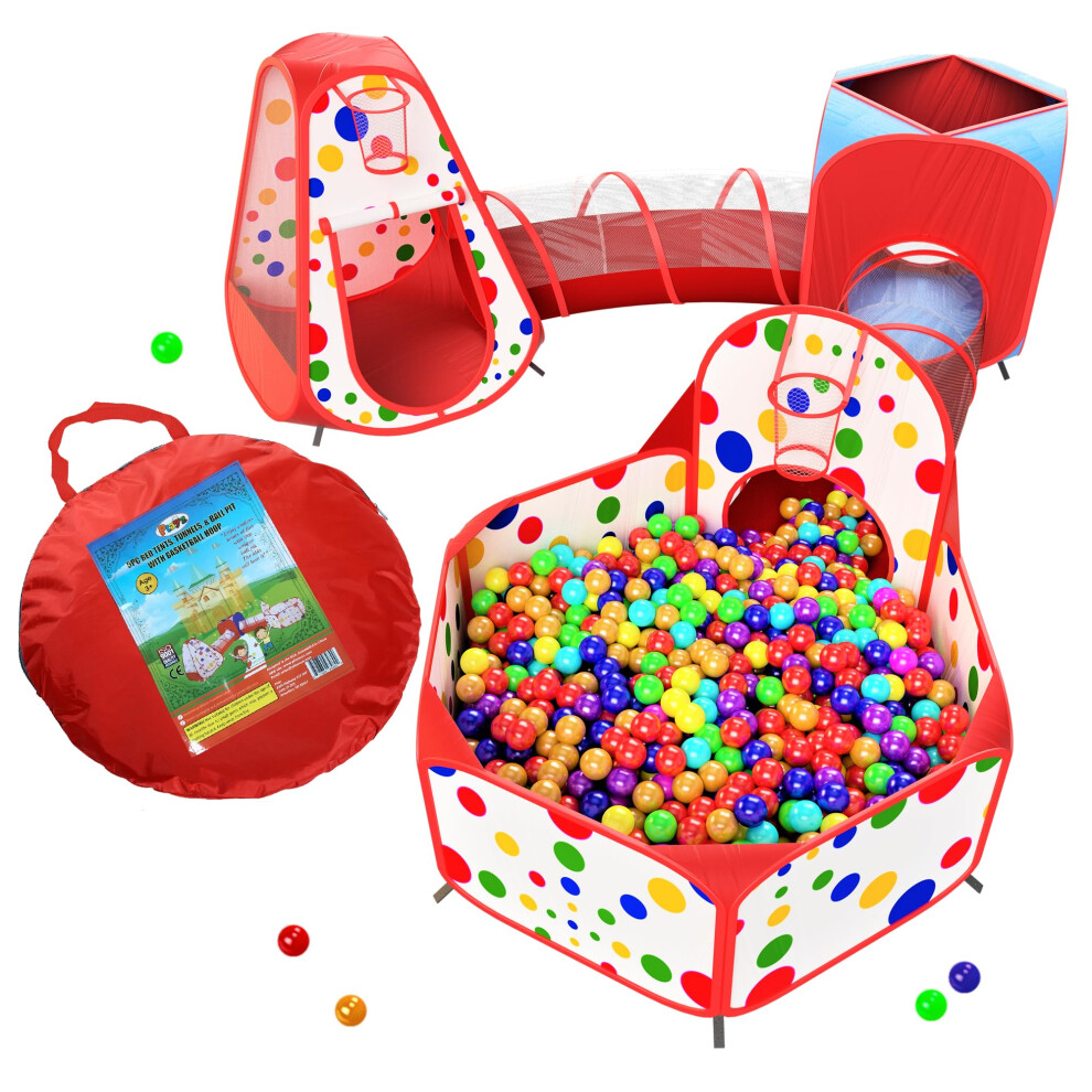 Playz 5-Piece Kids Play Tents Crawl Tunnels and Ball Pit Popup Bounce Playhouse Tent with Basketball Hoop for Indoor and Outdoor Use with Red Carrying-image-OPC-PFSXKKW-NEW