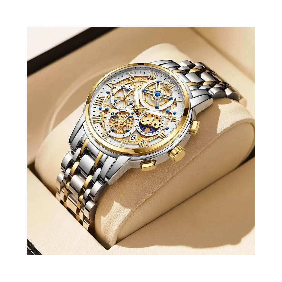 Men Watches (Gold White) Mens Quartz Watch Waterproof Chronograph Military Wristwatch White,Gold