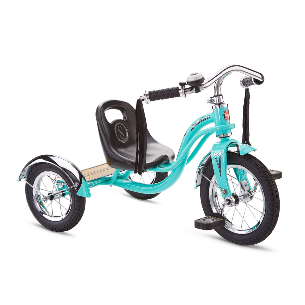 Schwinn Roadster Bike for Toddler  Kids Classic Tricycle  Low Positioned Steel Trike Frame with Bell and Handlebar Tassels  Rear Deck Made of Genuine