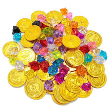 100 pezzi di monete d'oro da pirata in plastica, gemme colorate, set da gioco per la caccia al tesoro dei pirati, giocattoli per bambini, oggetti
