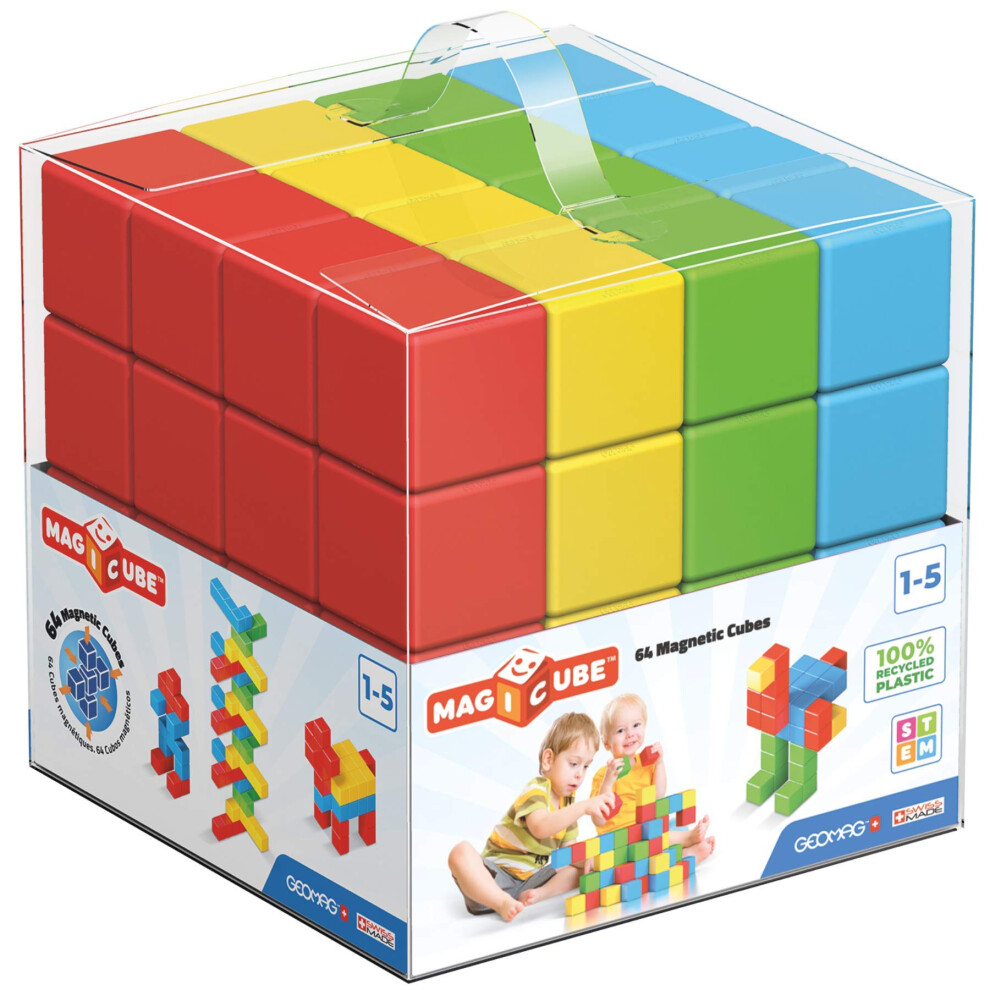 Geomag Premium Swiss-Made Magicube 64-Piece Magnetic Stacking Cubes Building Set Toddlers & Kids Ages 1-5 Stem Educational Toy Creativity Imaginat