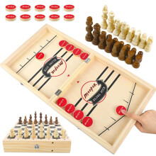 moopok Fast Sling Puck Game - 2 in1 Chess Board and Desktop Battle Super Winner Game Fast Action Wooden Air Hockey Board Game Adults and Kids Family