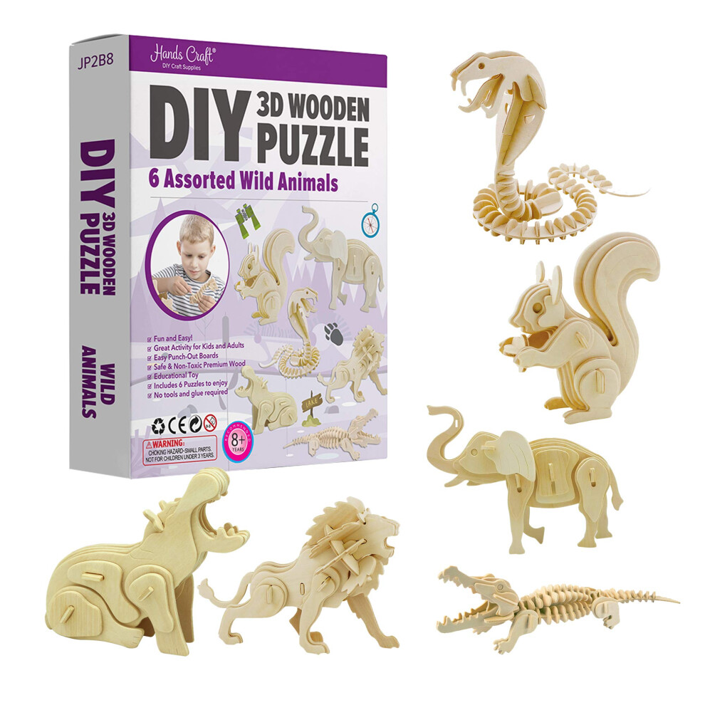 Photos - Jigsaw Puzzle / Mosaic Hands Craft DIY 3D Wooden Puzzle - 6 Assorted Wild Animals Bundle Pack Set Brain Teaser Puzzles Educational STEM Toy Adults