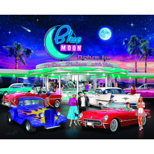 Bits and Pieces - 300 Piece Jigsaw Puzzle for Adults - Blue Moon Drive in - 50's Diner Movie Theater Car Jigsaw Puzzle by Artist Chris Dobrowolsk