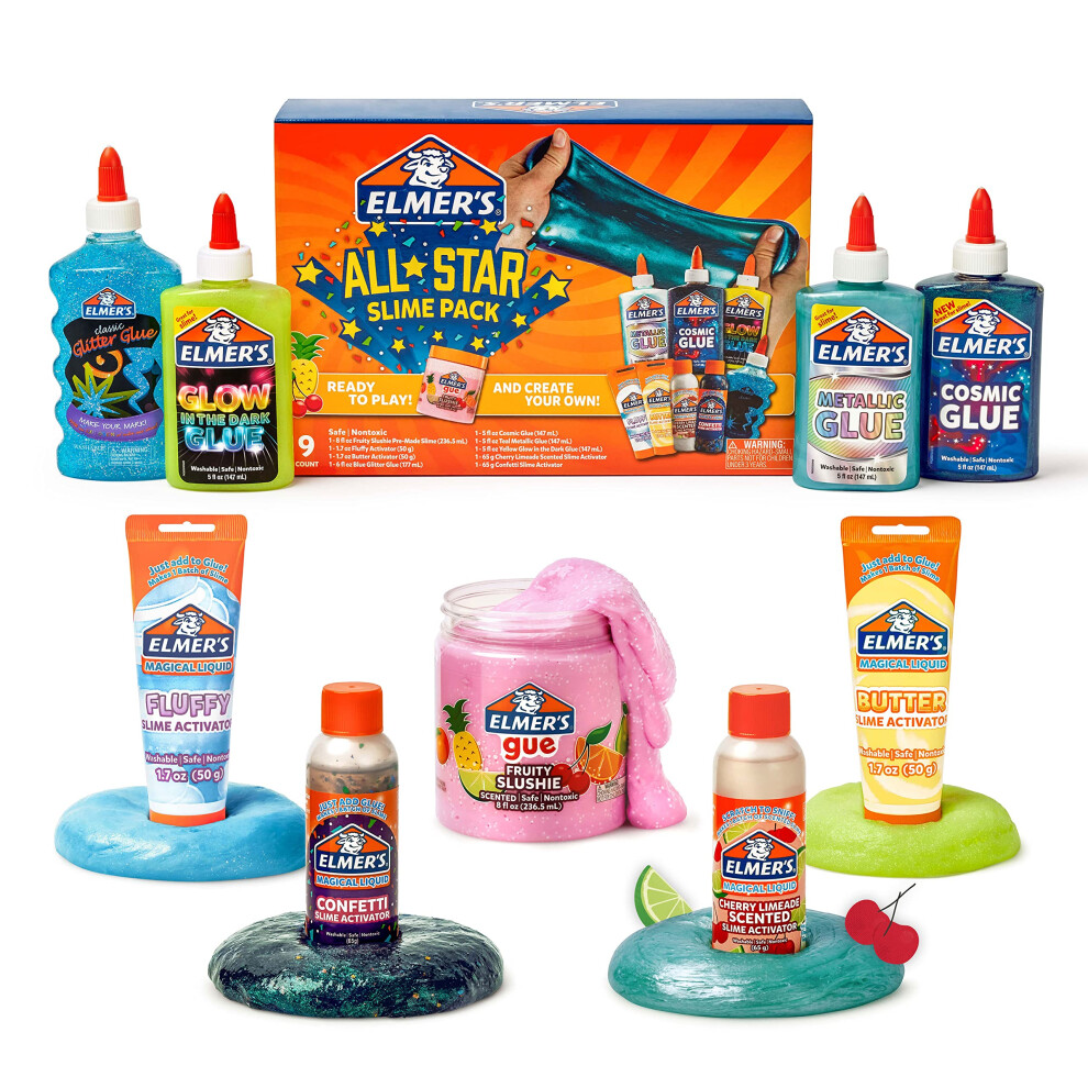 Elmers All-Star Slime Kit  Includes Liquid Glue  Slime Activator  and Premade Slime  9 Count