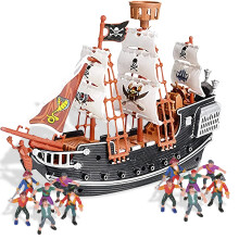 HOWBOUTDIS Pirate Playset - 10 inch Pirate Ship with 2 inch Pirate Figurines - Hours of Imaginative Play- Makes a Great Gift or a Fun Prize - Age