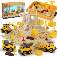OENUX Play Sand Construction Set Beach Building Castle Kit w/ 2.2lbs Play Sand 4 Take Apart Construction Trucks Toys and Signs Sensory Sandbox wit