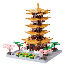 JXRLMB Micro Building Blocks definido para adultos Torre amarela de guindaste com sakura plantas de cerejeira chinesa antiga arquitetura Toys pre