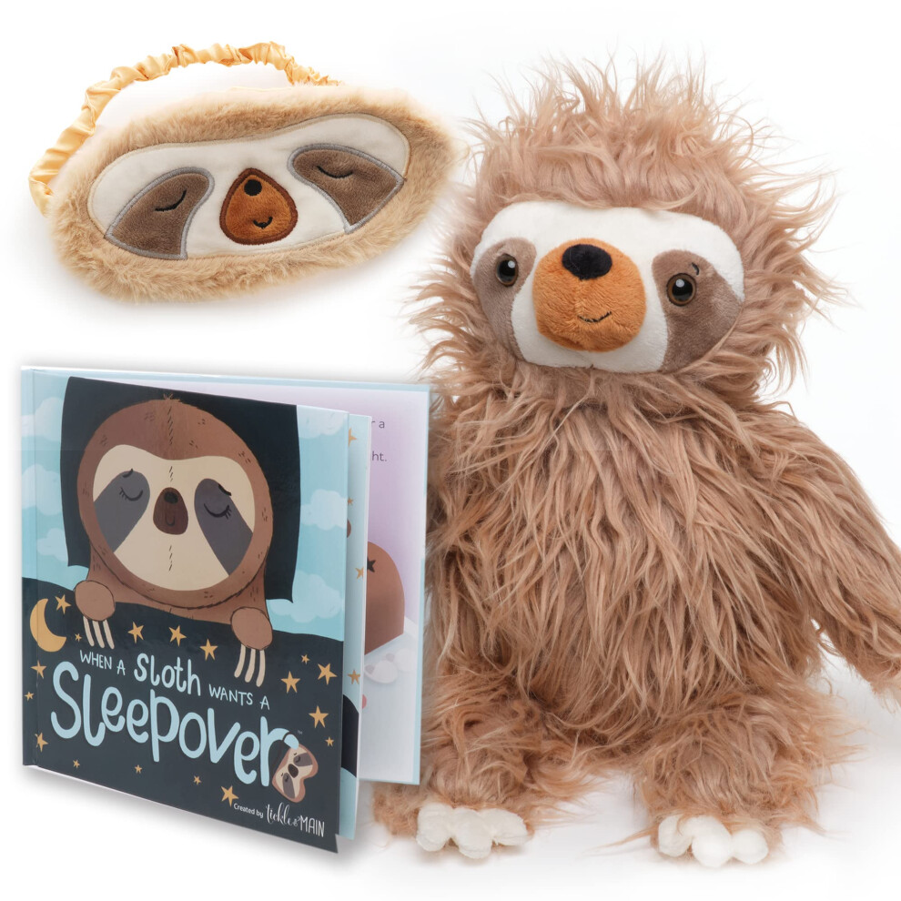 Coffret cadeau 3 pièces pour soirée pyjama paresseux Tickle & Main comprenant un paresseux en peluche, un livre d'histoires illustré et un masque