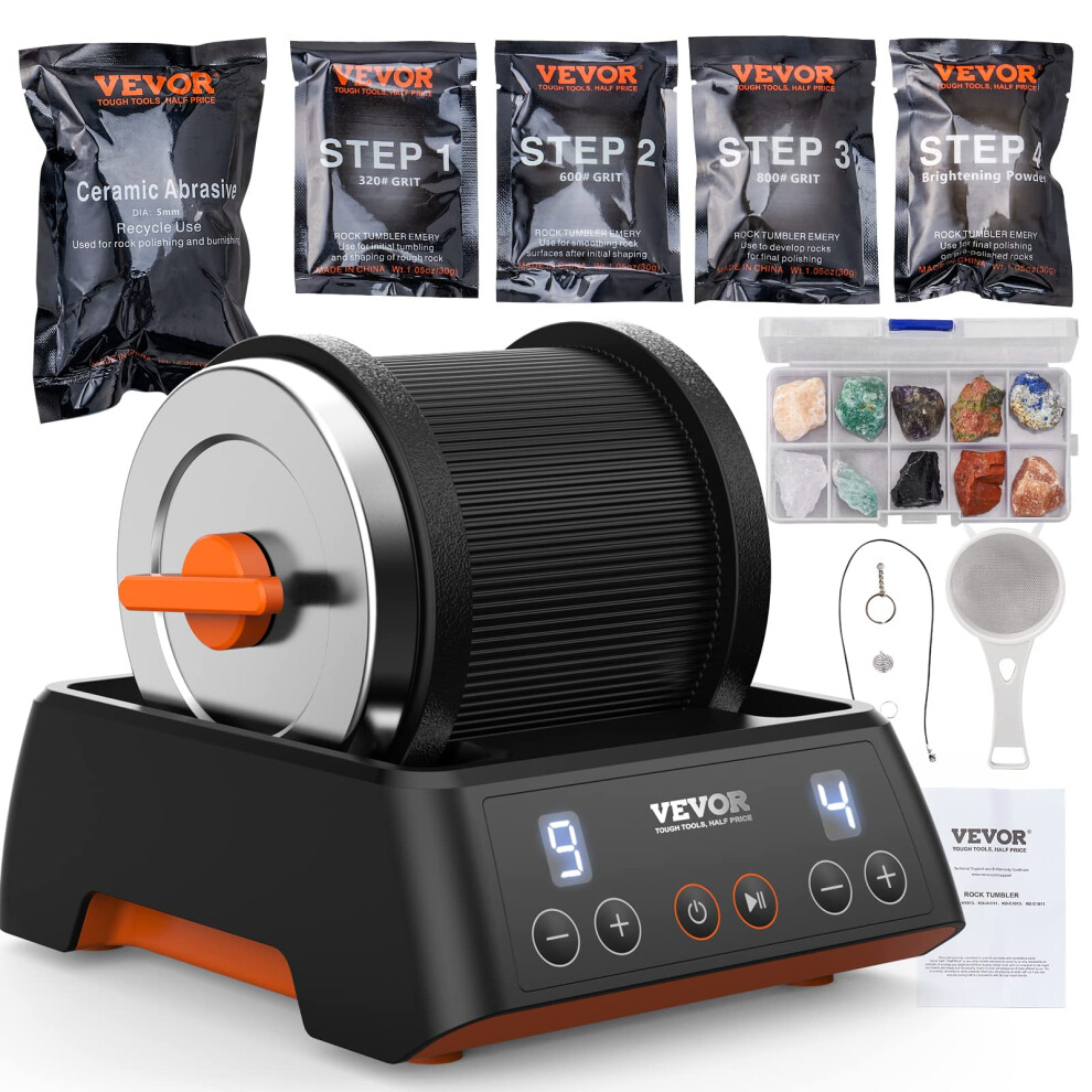 VEVOR Direct Drive Rock Tumbler Kit  4-Speed/9-Day Timer  Professional Rock Polisher with Rough Gemstones/Grits/Jewelry Fastenings  Stone Polishing Ki