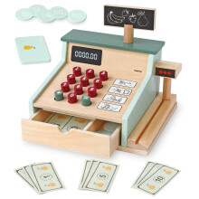 PairPear - Registratore di cassa giocattolo in legno per bambini, giocattolo per contare i soldi con scanner e carta di credito, accessorio per l